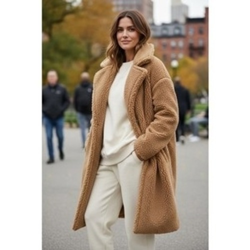 Lucky Brand Teddy coat women M tan faux fur sherpa mid length jacket Cabincore
